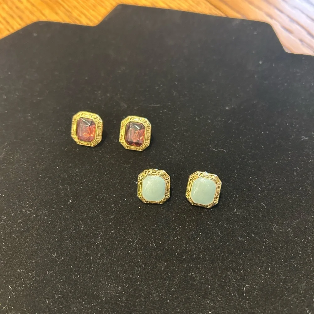 Two Pairs Vintage Art Deco Style Faceted Gold Rectangle Stone Pierced‎ Earrings